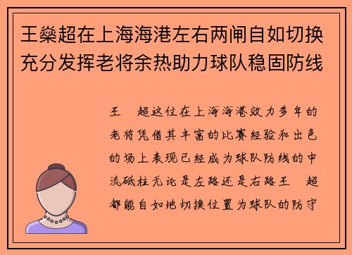 王燊超在上海海港左右两闸自如切换充分发挥老将余热助力球队稳固防线